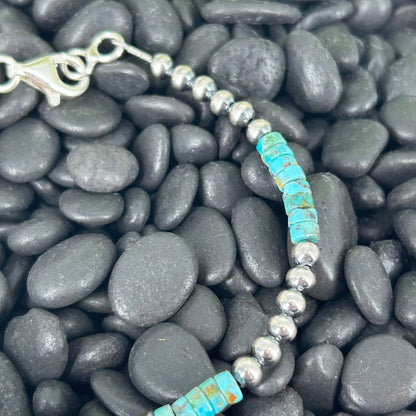 Sterling Pearls Bracelet 4mm w/ Kingman Turquoise Heishi Beads 7" - Stamped - Turquoise Sunset!