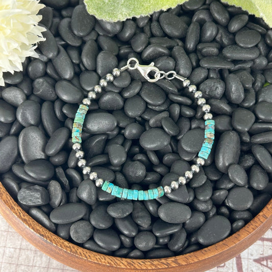 Sterling Pearl Bracelet 4mm w/ Kingman Turquoise Heishi Beads 7" - Bracelets - Stamped - Turquoise Sunset!